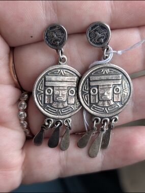 Sterling Silver Mexico Aztec Medallion Dangle Earrings Signed MOB